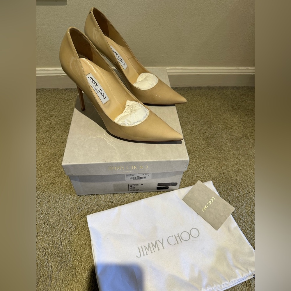 Jimmy Choo Abel Nude Patent Leather Pumps, Size 38!